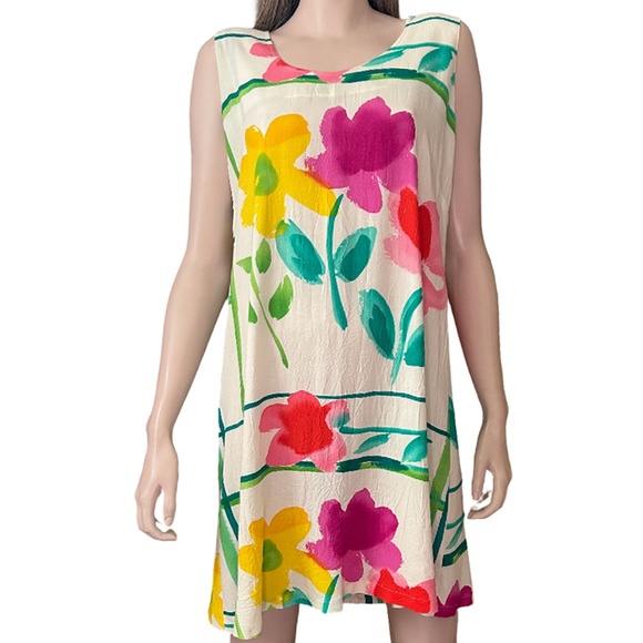 James World Floral Shift Dress Flower Box Colourful 100% Rayon Sleeveless RARE - Picture 2 of 15